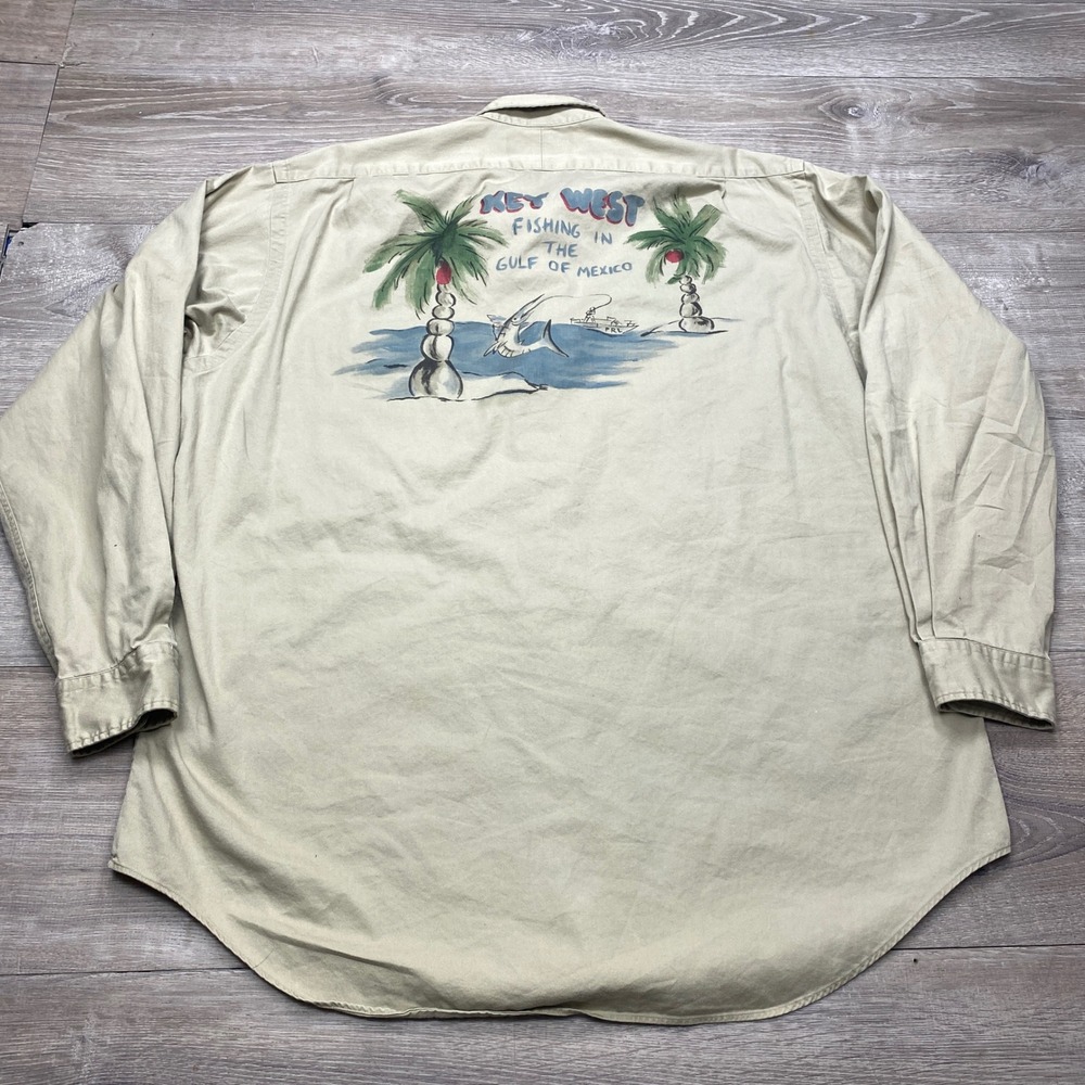 Polo Ralph Lauren Shirt Mens L Tan Key West Fishing Graphic Safari Twill Casual - Picture 2 of 12